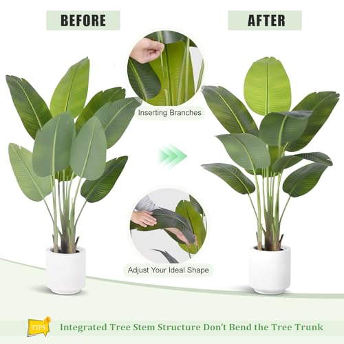 Image of Artificial Bird of Paradise Plant 4Ft Tall Fake Tropical Palm Tree Large Fake Plants with 9 Silk Banana Leaves Faux Plant Indoor Decor Trees with White Pot for Home Bedroom Living Room Office
