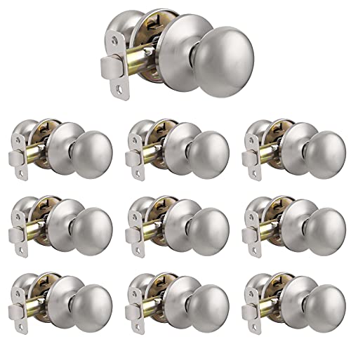Probrico Classic Flat Ball Style Passage Door Knobs Brushed Nickel Interior Door for Hallway and Closet Handle Lock Without Keys 10 Pack