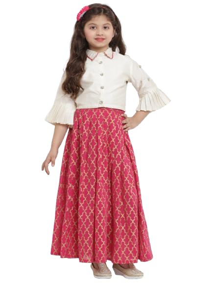 Image of Bitiya by Bhama Girls Off White & Pink Ready to Wear Silk Lehenga & Choli