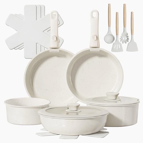 ASNEWS 17 Pcs Ceramic Pots and Pans Set Non Stick Detachable Handle Cookware Sets Induction Kitchen Essentials for Home & RV Non-Toxic PFAS & PFOA Free Space Saving Stackable Cooking Set