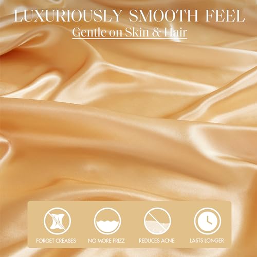 Image of Madison Park Essentials Satin Sheets Cal King Size Bed Set, 6 Piece, Gold | Luxury and Smooth Silky Bedding with Natural Sheen, All Around Elastic 14 inch Pocket fits up to 16 inch Mattress, Year-Round Cozy