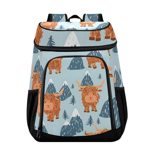 Highland Cow Mountains Cooler Backpack Cooler Insulated Leak Proof Lunch Backpack 36 Cans Waterproof Soft for Men Women Picnic Hiking Camping Beach