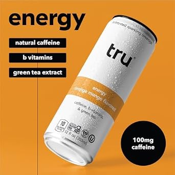 Tru Energy Drink, Caffeinated Sparkling Water with Real Fruit Juice, Orange Mango Flavored Seltzer, Natural Caffeine, No Added Sugar, Keto, Vegan, Kosher, Gluten Free, 12 Fl Oz (Pack of 12)