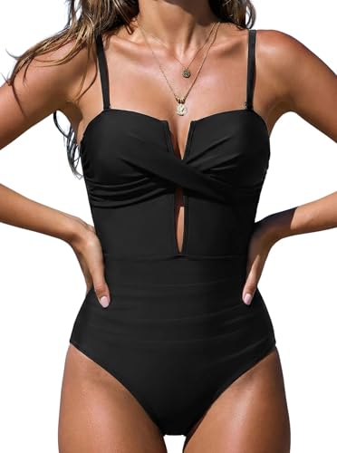 popvil Womens One Piece Swimsuit Tummy Control V Neck Cutout Bathing Suit Adjustable Straps Back Tie Slimming Shapewear Monokini Black Large
