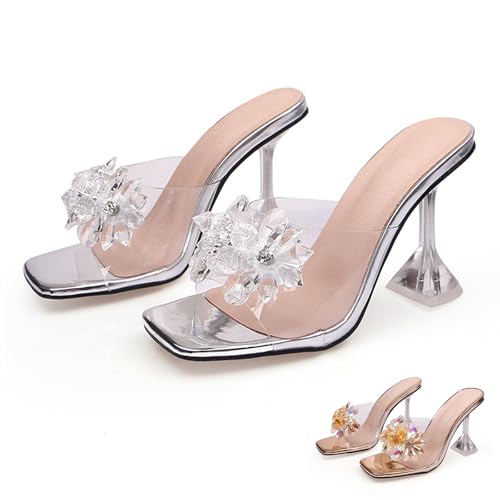 Women's Clear Flower Crystal Stiletto Heel Sandals Fashion Comfortable Square Open Toe Summer Slip On Wine Glasses Heel Dress Slides Sandals for Formal Wedding Party