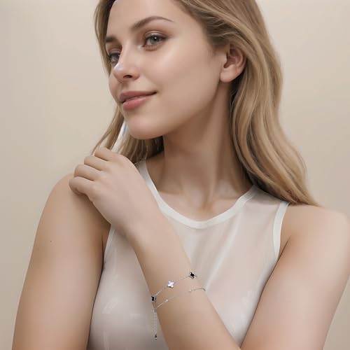 Sterling Silver 4-leaf clover Charm Bracelet with Adjustable Agate Links, Gift for Women, Girls, Rose Gold Peacock Green2