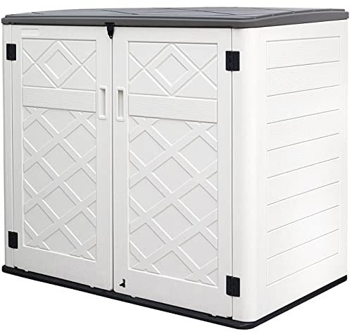 Image of Mrosaa Resin Outdoor Storage Shed, 38 cu.ft Outdoor Storage Box Waterproof for Garden Tools, Patio Furniture, Trash Cans, Garage Storage, Customized Shelves & Lockable (Off White)