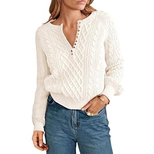 KIRUNDO Womens Sweaters 2024 Fall Winter Henley Long Sleeve Button Crew Neck Cable Knit Loose Cropped Sweater Pullover