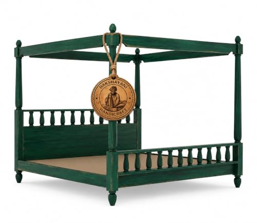 Image of Sheesham Solid Wood Allure Poster Bed for Bedroom | Handmade Wooden Cot | Elegant Four Poster King Size Bed Frame (Rustic Green, Queen, Allure)