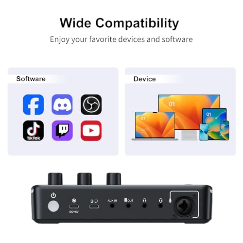 Image of MT-VIKI Gaming Audio Mixer, Audio Interface Sound Board w /RGB Effect, XLR /TRS Microphone, 48V Phantom Power, Support Bluetooth, Voice Changer, Live Streaming, Podcasting