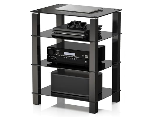 FITUEYES Mueble HiFi Negro con 4 Estantes de Cristal Templado para Equipo de Audio 60 * 45.5 * 77cm
