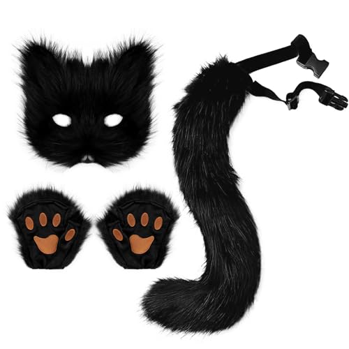 Adolala Faux Fur Fox Tail Cat Wolf Set Plush Mask Fluffy Paw Gloves Halloween Christmas Party for Women