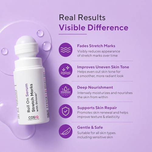 Image of CosIQ Roll On Serum for Stretch Marks with Striover | Reduces Appearance of Stretch Marks, Scars & Uneven Skin | Roll-On Applicator for Stomach, Thighs & Hips | All Skin Types | 40ml, Pack of 2