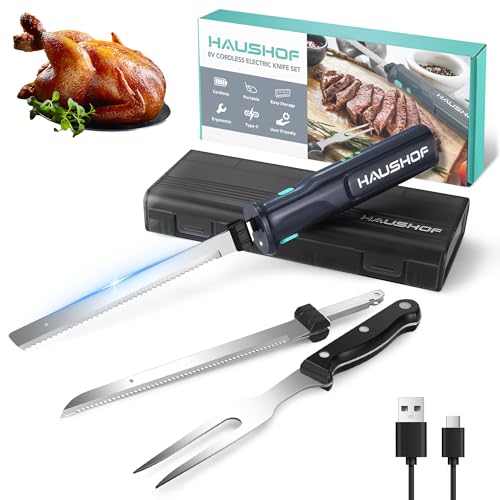 HAUSHOF Cordless Electric Knife Set for Meat Slicing, 8V Electric Carving Knife for Fish, Bread, Turkey, Rechargeable Meat Cutter with Reciprocating Stainless Steel Blades, Safety Lock & Sto