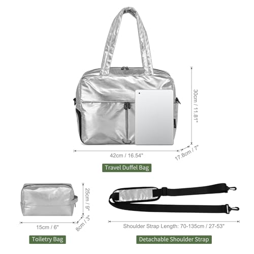 Compact Travel Duffel Bag for Women, 45L Gym Bag - Stylish Weekender Bag with Shoe Pocket, TSA-Approved Carry-On for Airplane, Fitness, Weekend (Silver)3