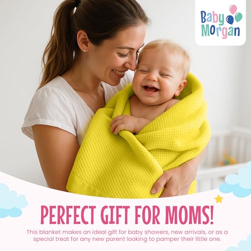 Image of Blankets Thermal Waffle Baby Blanket Crib Bedding - Soft Cozy Warm Infant Thermal Cover for Nursery Stroller or Bassinet, Lightweight Ideal Shower Gift, Nylon Trim Yellow 36 inch x 50 inch