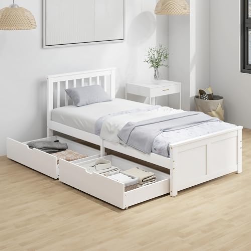 HOMCOM Cadre de Lit 90x190cm en Bois Massif, Lit Coffre avec 2 Tiroirs sur roulettes, Tête de Lit, Pied de Lit, Sommier à Lattes, sans Bruit, Blanc
