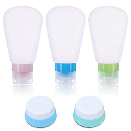 Leak Proof Silicone Travel Bottles Set Refillable 3Pcs 89ml/3oz Squeeze Tubes and 2Pcs 20ml Cream Jars TSA Approved Travel Container for Liquid and Cream- Set of 5