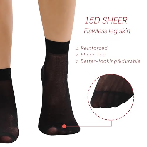 9 Pairs Ankle Sheer Socks For Women,Premium 20D Reinforced Toes in Black & Nude One Size4