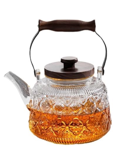 Smedic健康茶セット、蒸し器と調理器が一体になった耐熱ガラスティーポット、茶こし付き、直火加熱、1000ml、手作り、木製ハンドル、フルーツティー、香り付き茶、工芸茶、ハーフティー、家庭用、高ホウケイ酸ガラス (透明ベゴニアハンドルポット)