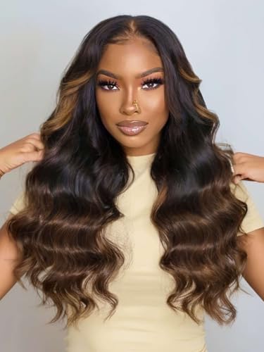 Image of Beauty Forever Bye Bye Knots Wig 7x5 Glueless Lace Black to Chestnut Brown Ombre Loose Wave Wig with Bleached Knots Put on and Go Pre Plucked Pre Cut HD Lace Wig for Women 150% Density 24 Inch
