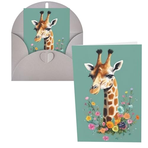 QMNSEHF 花付きキリン グリーティングカード 封筒付き Thank YouCard Happy Birthdayカード 女性用 男性用 クリスマス ハロウィン 結婚式 空白 ノートカード あらゆる機会 グリーティングカード 4x6