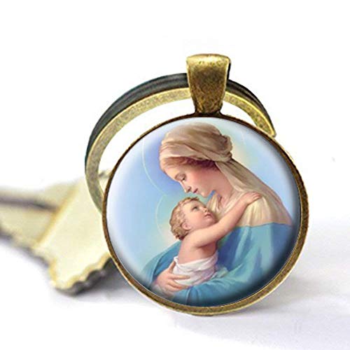 Preisvergleich Produktbild Blaue Madonna und Kind Glas Foto Halskette Anhänger Geschenk Schlüsselanhänger