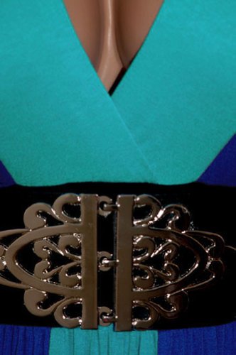 Funfash Elegant Short Sleeve Maxi Dress For Plus Size Women With Blue Black Stipe Blocks And Long Slimming A Line Cut Occasions 3X #TOP1