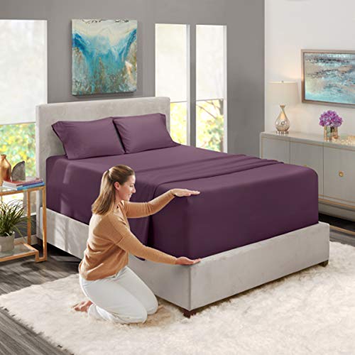 Image of Nestl King Size Sheet Set, Microfiber, Extra Deep Pocket, 4 Piece, Purple | Instantly Soft, Night-One Ready (No Wash Required). Fits Extra Deep Pockets up to 24 Inches, 360-Degree Elastic Grip