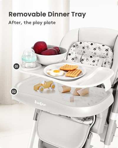 foldable high chair with soft cushion high chairs for babies and toddlers height adjustable feeding chair adjustable backrest and footrest lockable wheels star gray