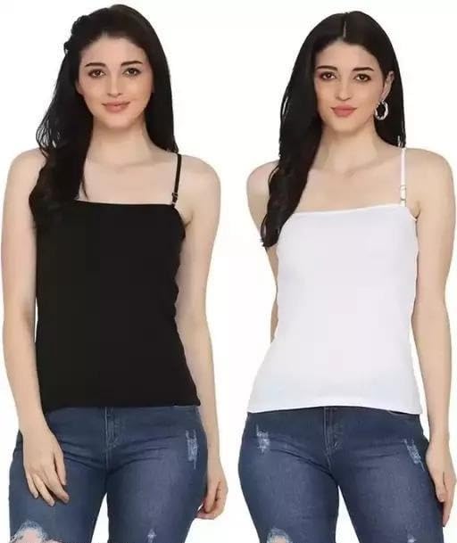Women Adjustable Strap Camisole Pack of 2 White Black Sleeveless Tank Top Cotton Blend Inner Vest for Girls & Women-image-24