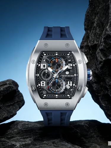 Image of TSAR BOMBA Mens Luxury Watch Watches for Men 50M Waterproof Japanese Quartz Movement Tonneau Stainless Steel Case Sapphire Glass with Chronograph Date Function Cool Unique Fashion Gift