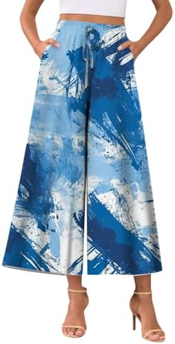 domirica Women’s Wide Leg High Waist Pants with Artistic Stone Pattern Loose Fit Drawstring Waist and Pockets for Casual Wear