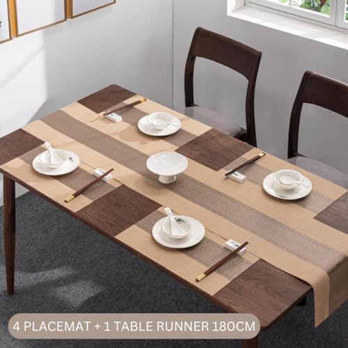 Image of Dining Table Placemats & Runner Set - Heat Resistant, Washable & Stain Resistant Woven Vinyl Mats | Table Runner & 4 Placemats Set for Stylish Dining (45x30 cm Placemats, 180x30 cm Runner)