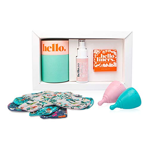 The Hello Cup Hello Starter Pack, Kit includes 2 Menstrual Cups (S/M & L), 3 Panty Liners & 1 Hand/Menstrual Cup Cleanser/Sterilizer, Eco-Friendly, Reusable, S/M Blue & L Blush, 1 box