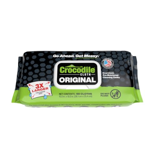 Image of Crocodile Cloth Original Cleaning Wipes, Heavy-Duty Multi-Surface Hand & Tool Wipes, Water-Based, Safe on Skin, 50 Count, 15 x 10 Inch