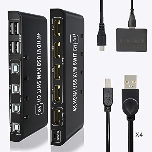 KVM Switch HDMI 4 Port Switcher, 4K @60Hz 4 In 1 Out KVM USB Switch for 4 PC Share Keyboard, Mouse, Printer, Scanner, Monitor, Compatible with Laptop, PC, Windows, Button or Extension Cable Switch