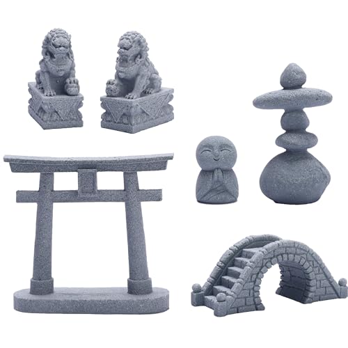 6 PCS Mini Zen Garden Accessories, Miniature Garden Bridge Foo Dogs Torii Gate Sandstone Figurines Meditation Zen Decor Japanese Fish Tank Terrarium Decorations Plant Pots Bonsai Craft Decor (M)