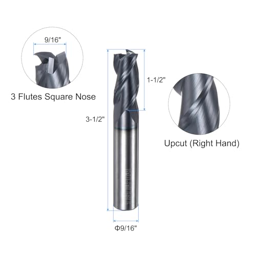 Image of uxcell Carbide Square End Mill, 9 /16 inch Diameter TiAlN Coated 3 Flutes Milling Bit Cutter, for Hardened Steel Stainless Steel Alloy Metal, 9 /16 inch Shank 1-1 /2 inch Cut Length 3-1 /2 inch Long HRC55