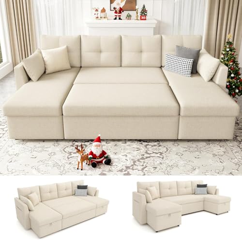 Image of Huatean Home Oversized Sleeper Sofa Couch, 110 inch 2 in 1 Pullout Couch Bed with Double Storage Chaise, Sectional Sleeper Sofa Bed with Side Pocket for Living Room, Beige
