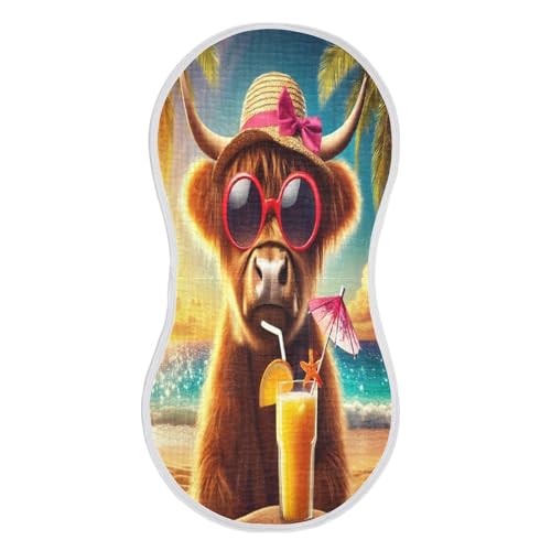 Highland Cow Summer Beach Baby Burp Cloths Absorbent Muslin Soft Burp Cloth Rags Cotton Burp Clothes for Girl Unisex Boy Newborn 1 Pack 22x11 Inches