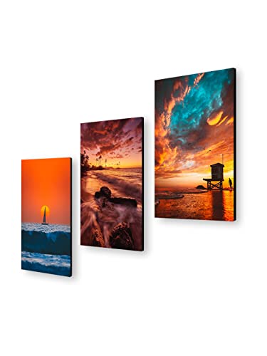 Image of 999STORE Beautiful Sunset Scenery Beach home room decor framed stylish modern wall frames living hanging decorative items (Set of 3 Panels Paper Print 24X15 Inches) MDF3Frames043