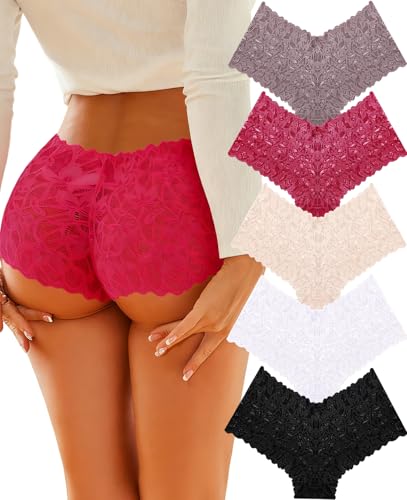 Image of ALL OF SHE Sexy Underwear Panties for Women Cheeky V Waist Lace Boyshorts Lingerie Plus Size Underwear Gift Wife Women 5 Pack