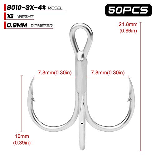 LMEIQUN, 50pcs Pesca de Agua Salada Gancho estaño Mate Triples 2# -4# -6# -8# -10# Ganchos de Alto Acero al Carbono de Alta Resistencia del Anzuelo (Color : Size 4)