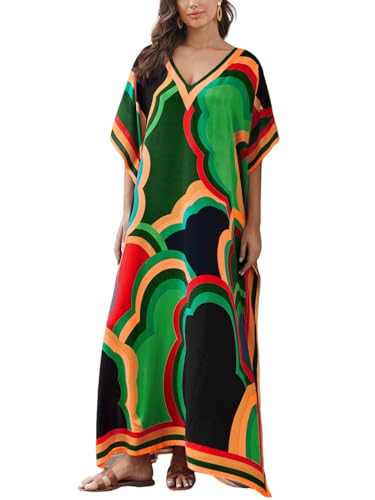 Image of IMAGEKOPE Women's Plus Size Loose Fit Moroccan Print V-Neck Batwing Kaftan Beach Dress Bathing Suit Cover Up
