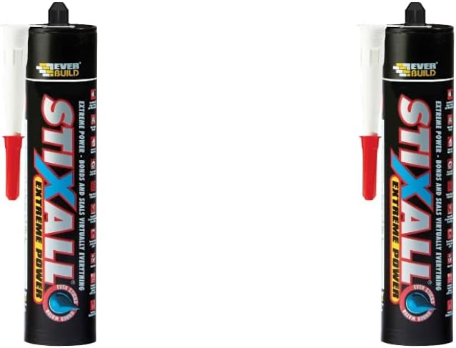 Everbuild Stixall Extreme Power | High Bonding Strength Building Adhesive - White - 290 ml - & Stixall Extreme Power, Building Adhesive and Sealant Hybrid, Grey, 290 ml