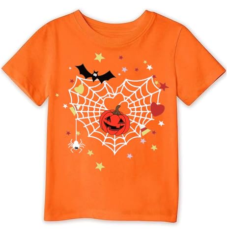 Kids Girls T-Shirt Halloween Party Outfit Pumpkin Shirt Tops Short Sleeve Heart Spider-Web Toddler Tees Size 5