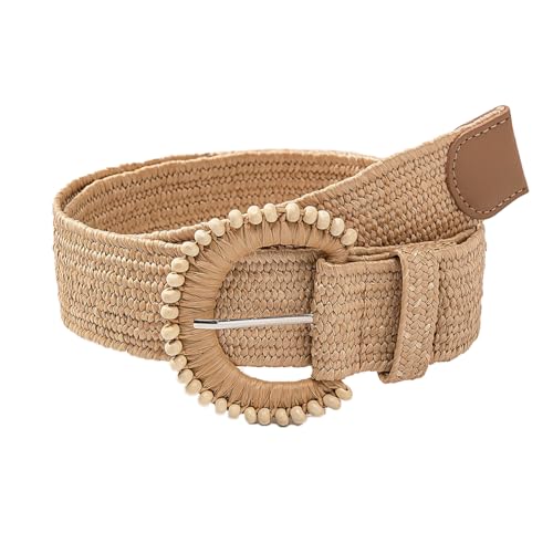 COTIM COYIN Women's Boho Braided Straw Belts with Round Buckle, Woven Elastic Waist Belt