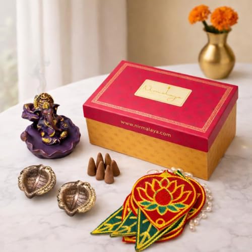 Image of Nirmalaya Premium Sacred Backflow Ganpati Idol Gift Box | Navratri & Housewarming Gift Set | Ganesha Idol with Backflow Incense Cones, Toran & Terracotta Diyas | Spiritual Diwali Pooja Gift Hamper
