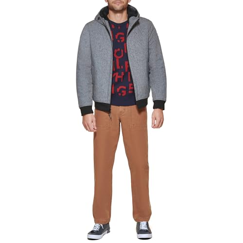 Image of Tommy Hilfiger Men's Soft Shell Fashion Bomber With Contrast Bib and Hood